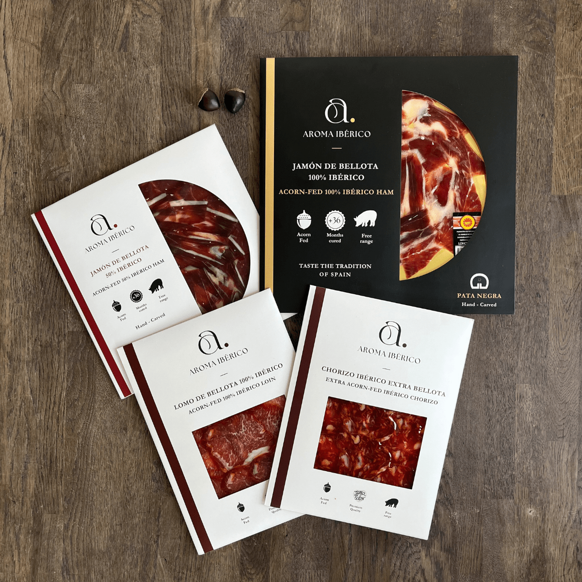 BOX Bellota GOURMET – Sortfodsskinke, Bellota Skinke, Lomo og Chorizo Ibérico - Aroma Ibérico
