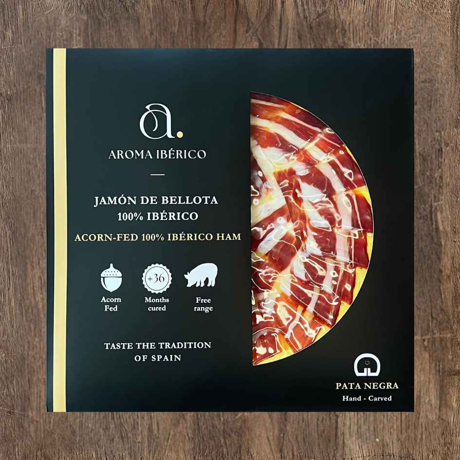 PATA NEGRA Jamón Ibérico Bellota 100% (100g) - SORTFODSSKINKE 100% Iberico Bellota Skinke